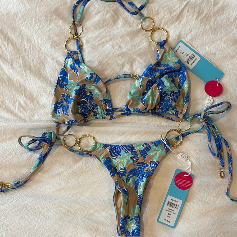Blue and Tan Floral Bikini Set